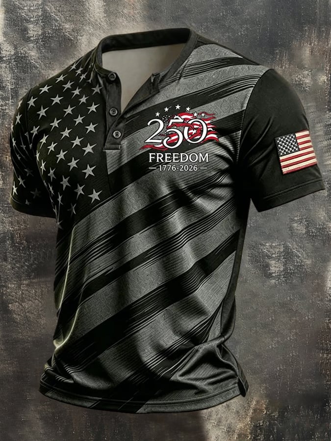 Men's Retro Patriotic Color-Block Short-Sleeve Henley Shirt