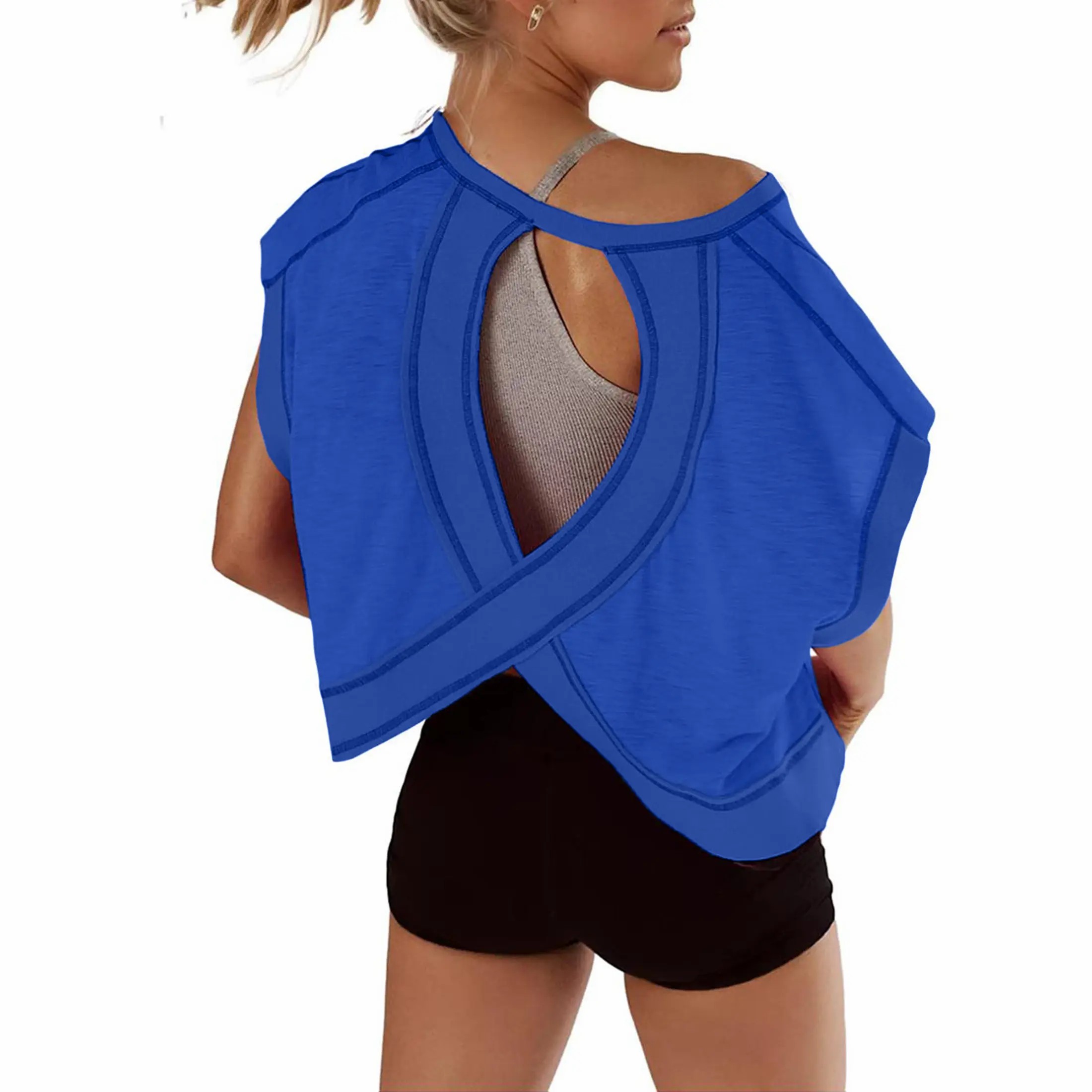 【Stock Up Deals】Women Short Sleeve Workout Shirts Open Back Tops Casual Yoga Y2k Athletic Gym Slouchy Crop Running Tees