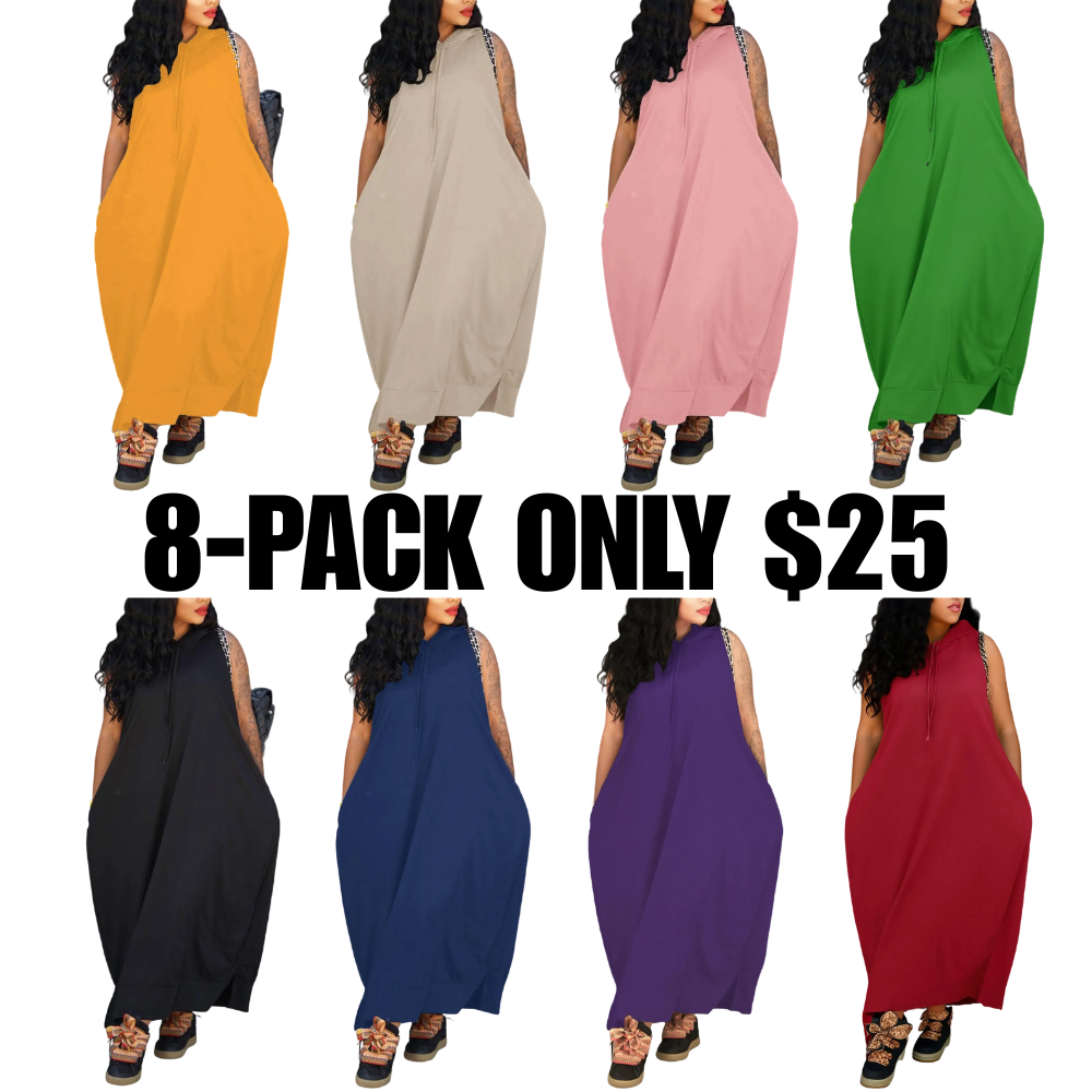 Women's Plain Drawstring Hooded Tank Dress, Casual Basic Pocket Sleeveless Dress