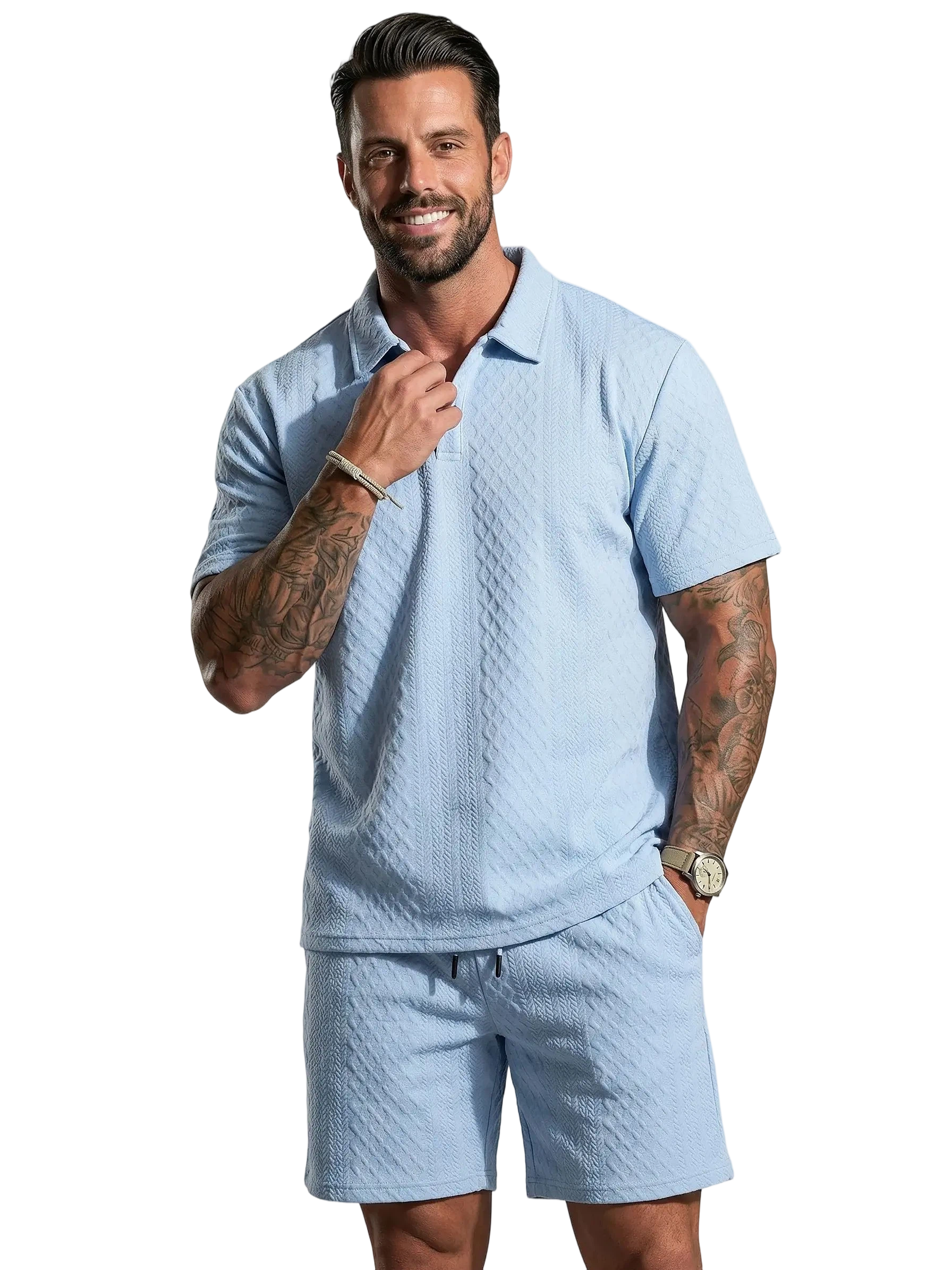 Men’s Polo Shirt & Drawstring Shorts Set – Breathable Casual 2-Piece Outfit