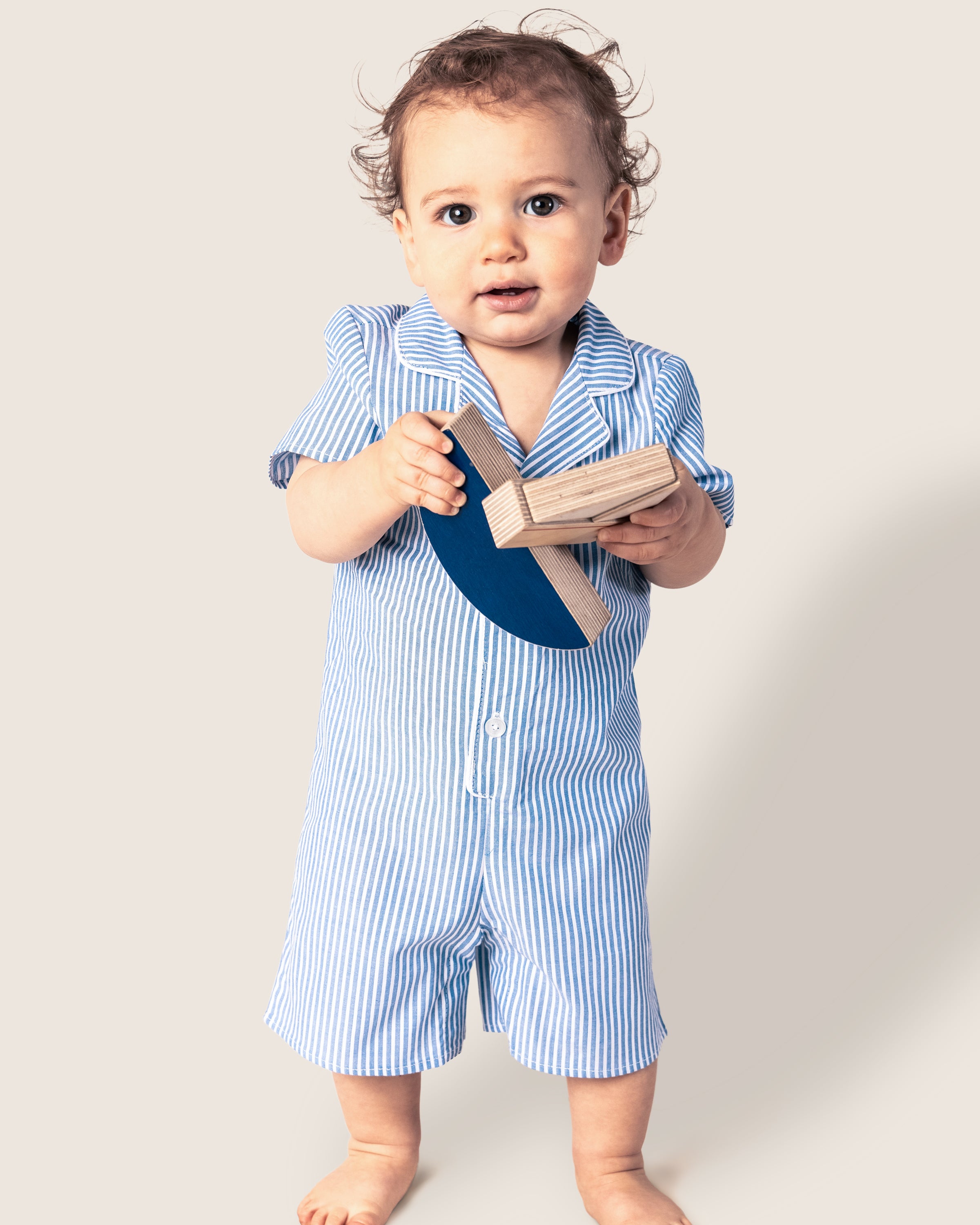 Baby's Twill Summer Romper in French Blue Heritage Stripe