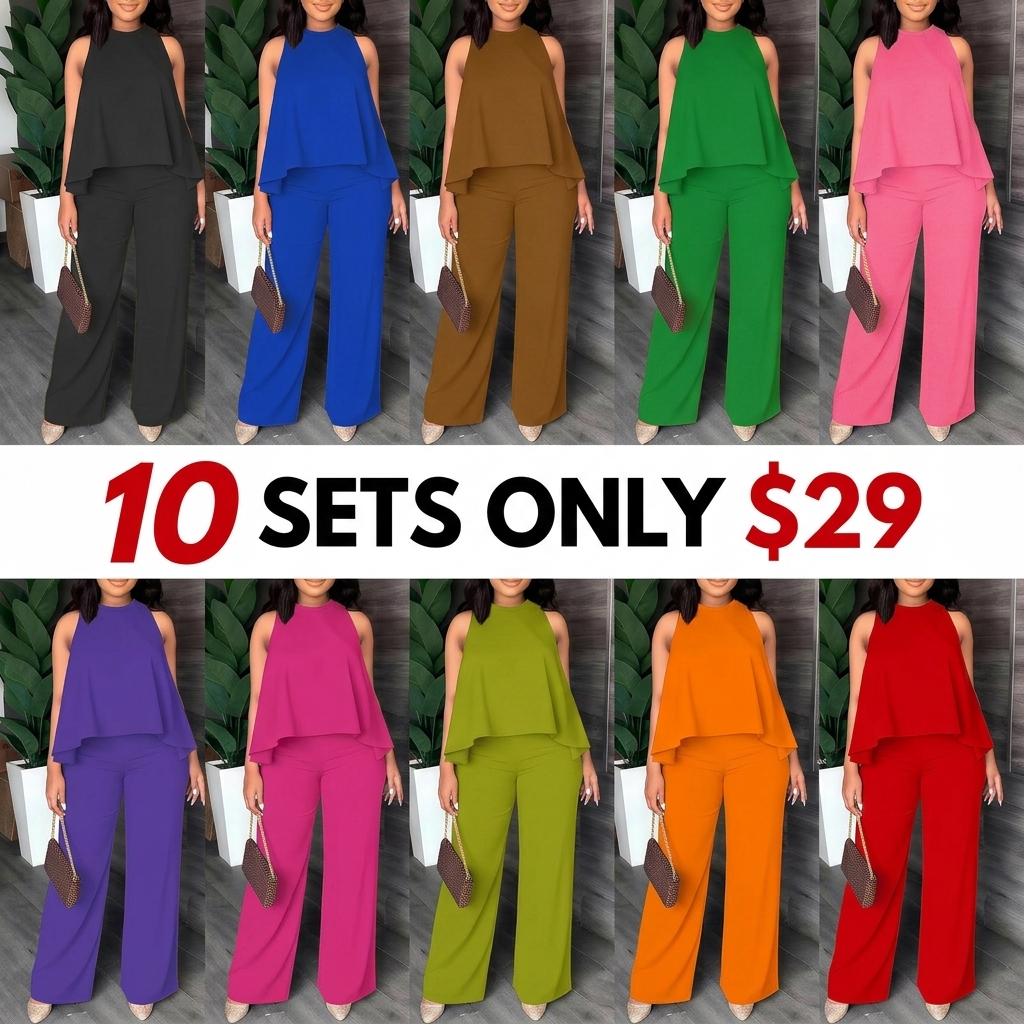 Women's Spring-Summer Set:Lightweight Flowy Halter Two-Piece with High-Waisted Wide Leg Pants–Comfortable