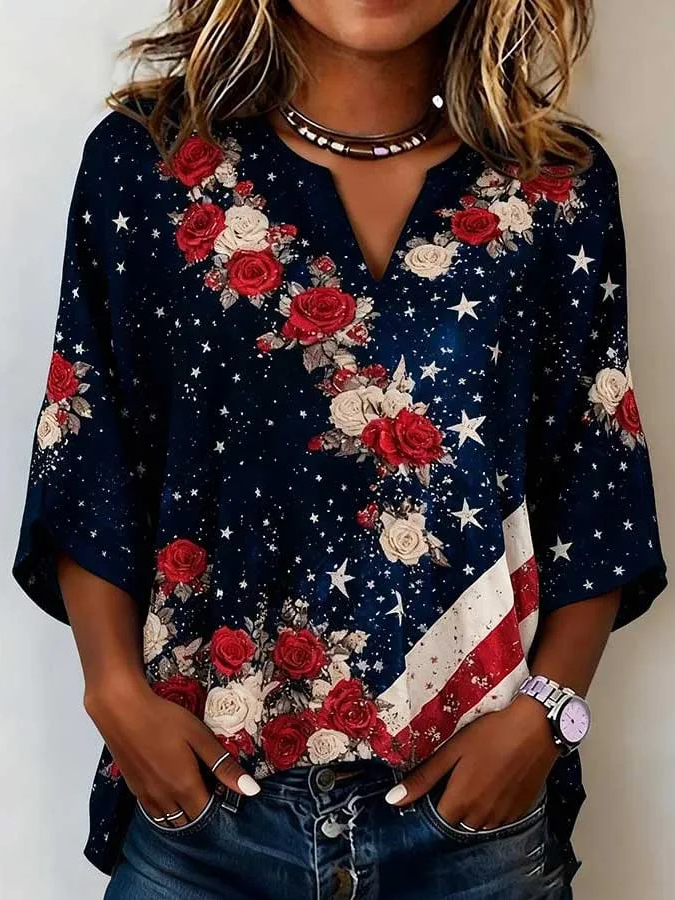 Ladies' Casual 250th Anniversary Celebration of the Founding of the United States Half Sleeve V-neck T-shirt