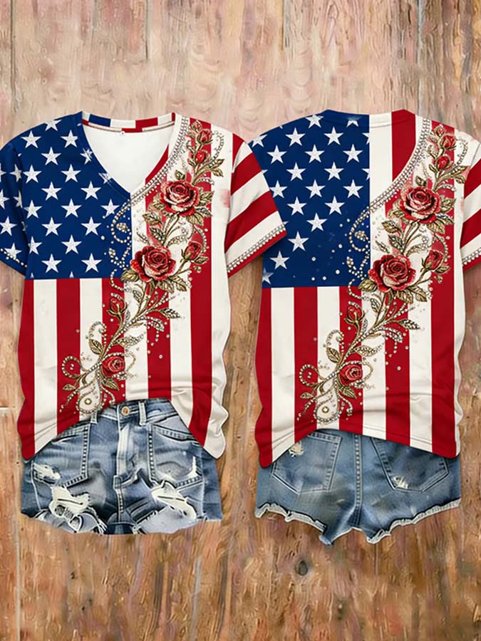 Women'S Independence Day Flag 250Th Anniversary Printed Short Sleeve V-Neck Casual T-Shirt