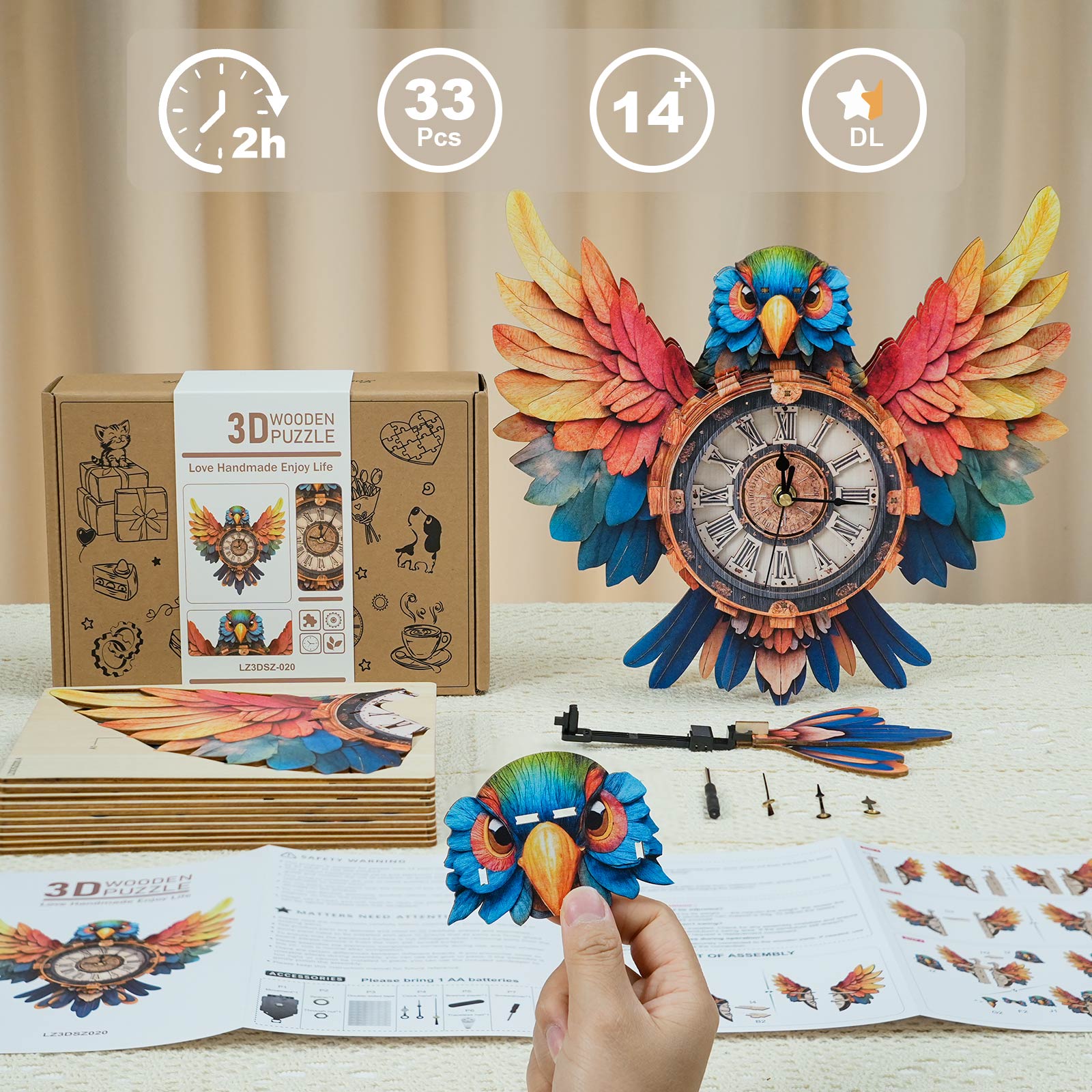 Parrot DIY Wooden Clock, 3D Puzzle Craft Kit