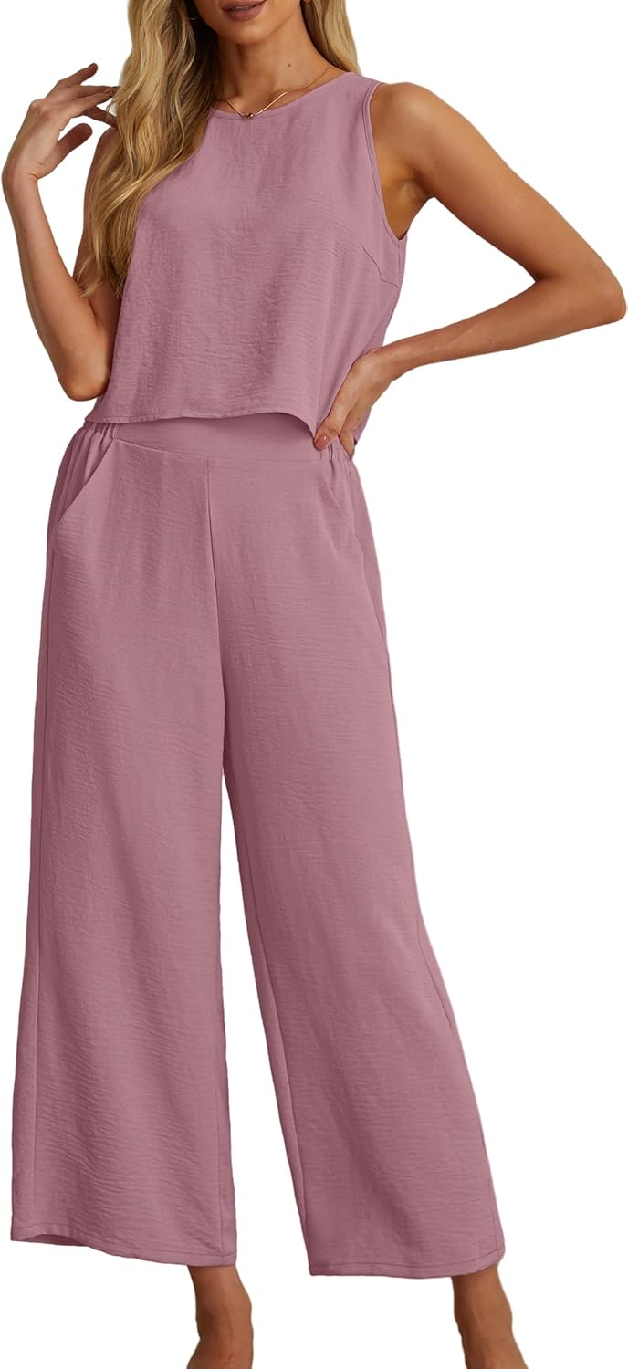 Women's Summer 2 Piece Outfits Set Round neck Sleeveless Tank Crop Top Wide Leg pants Set Pockets Jumpsuits