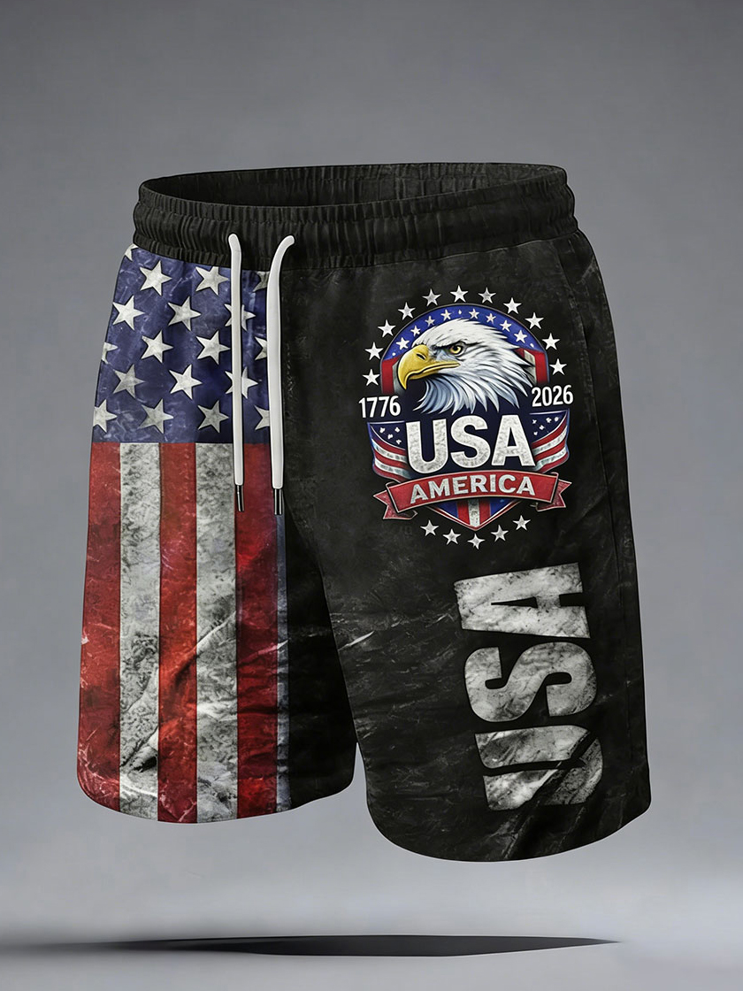 Men's Eagle USA Flag Stars Stripes Print Casual Shorts