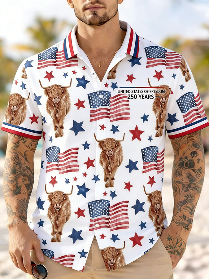 Men'S Casual American Flag Art Print Hawaiian Shirt