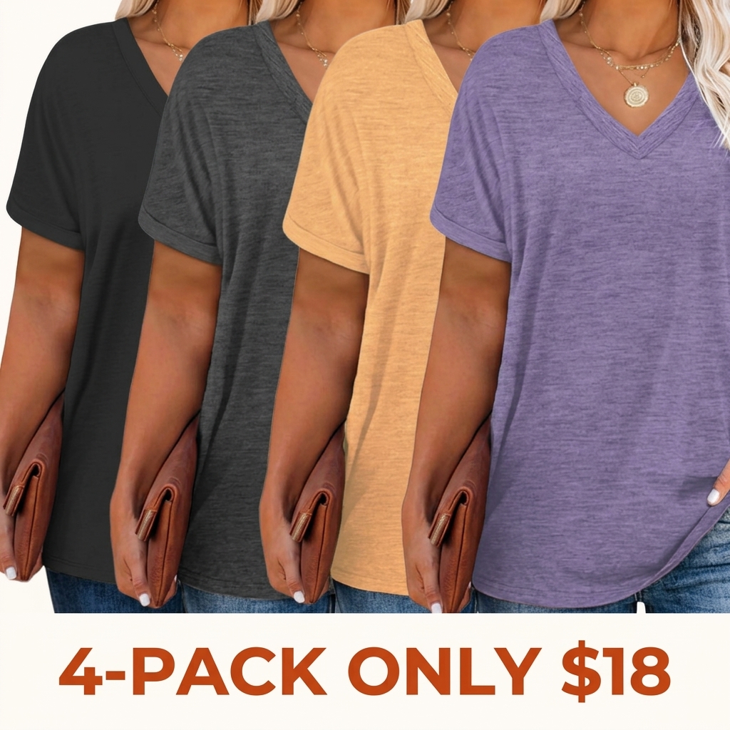 Women's Plus-Size V-Neck Short-Sleeve T-Shirt — Casual, Loose-Fit Summer Top — Soft, Breathable Basic Tee