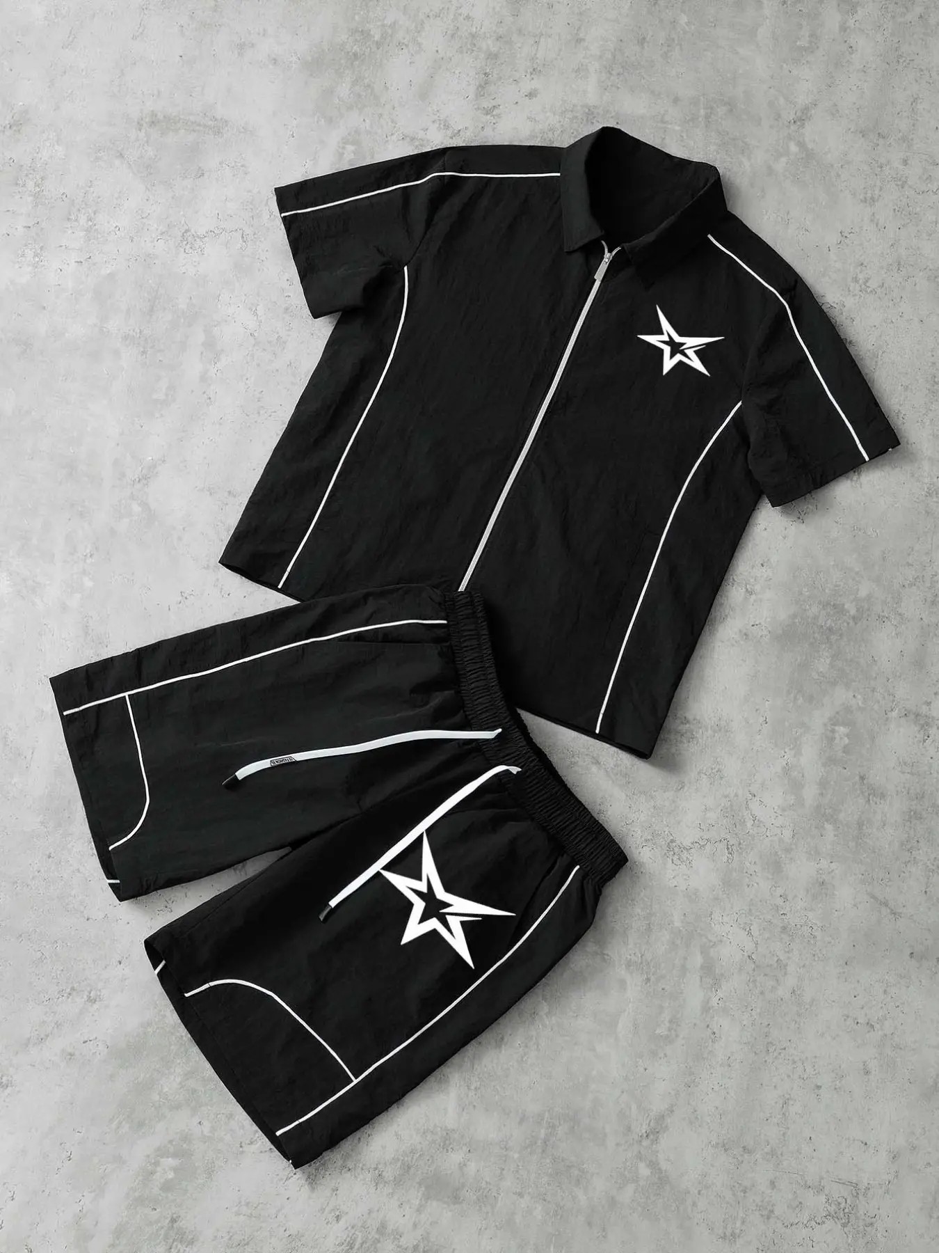 Stars Pattern Casual Set Short Sleeve Zipper Shirt + Gym Shorts Two-Piece Set