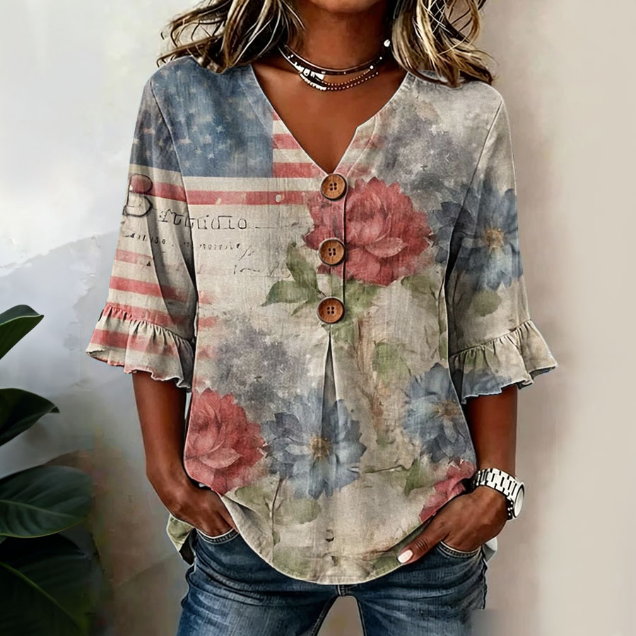 Women'S Retro Cotton Hemp Patriotic Flower Flag Independence Day Printed Art Casual Top