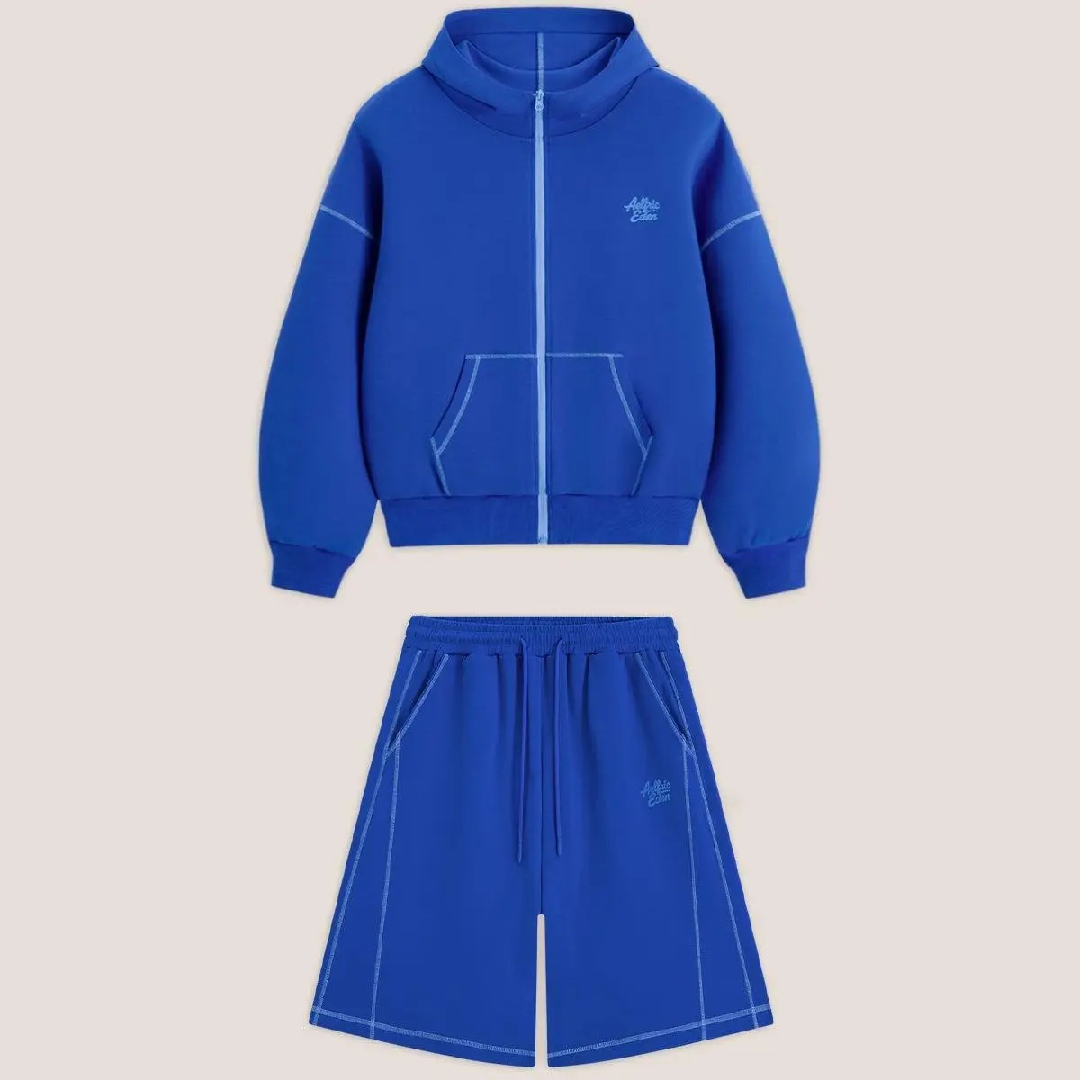 Cloud Boxy Sweat Set Contrast Stitch Zip-Up Jacket & Shorts Oversized Unisex