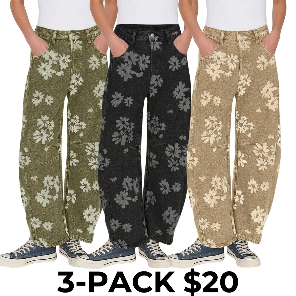 Women's Y2K Floral Printed Wide Leg Jeans – Loose Boyfriend Style Barrel Denim