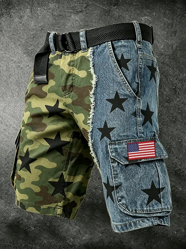 Men's American Flag Star Camo Patchwork Art Print Casual Shorts