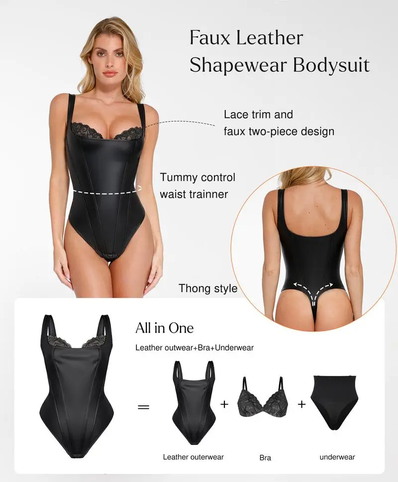 Leather Corset Top bodysuit Lace Trim Shapewear Tummy Control Bustier