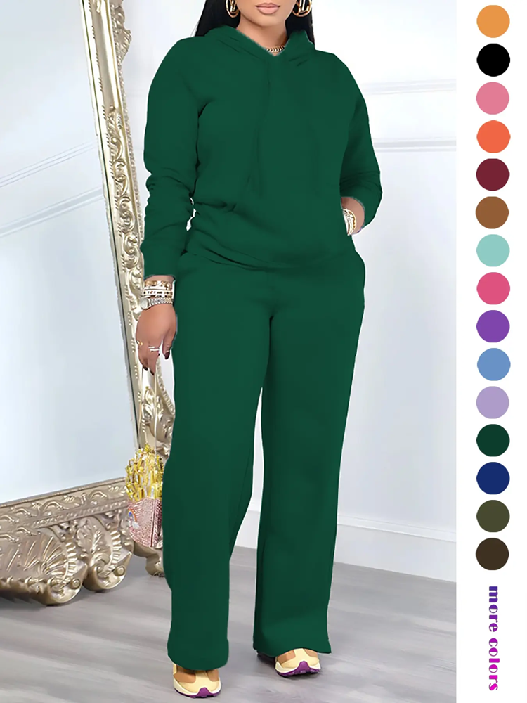 🔥Two-Piece Set Women's Solid Drawstring Hoodie & High Waist Pants Set, Casual Long Sleeve Pocket Hooded Sweatshirt & Straight Leg Trousers for Spring & Fall, Ladies' Clothes for Daily Wear