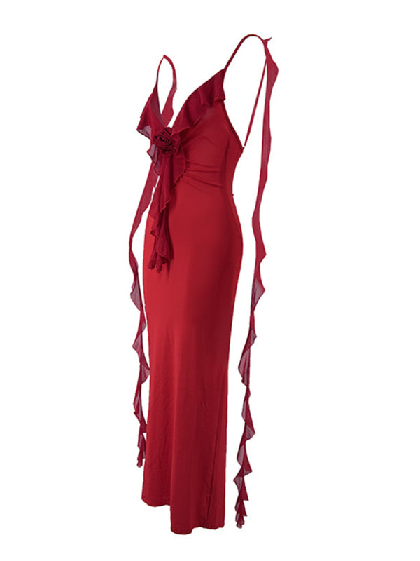Deep-V 3D Flower Strappy Backless Fishtail Dress