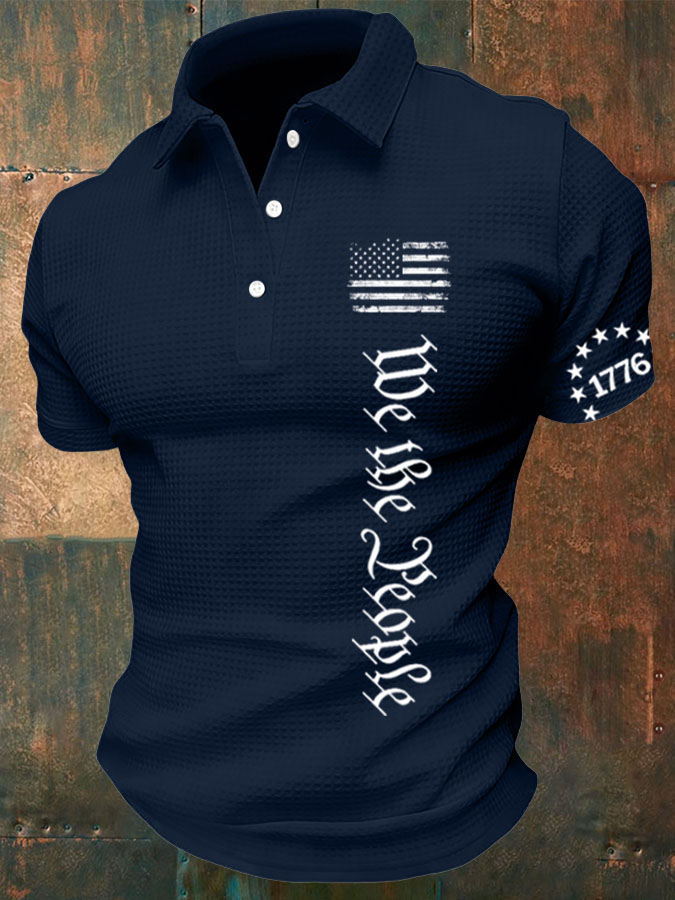 Men'S American Flag Independence Day Print Waffle Polo Shirt