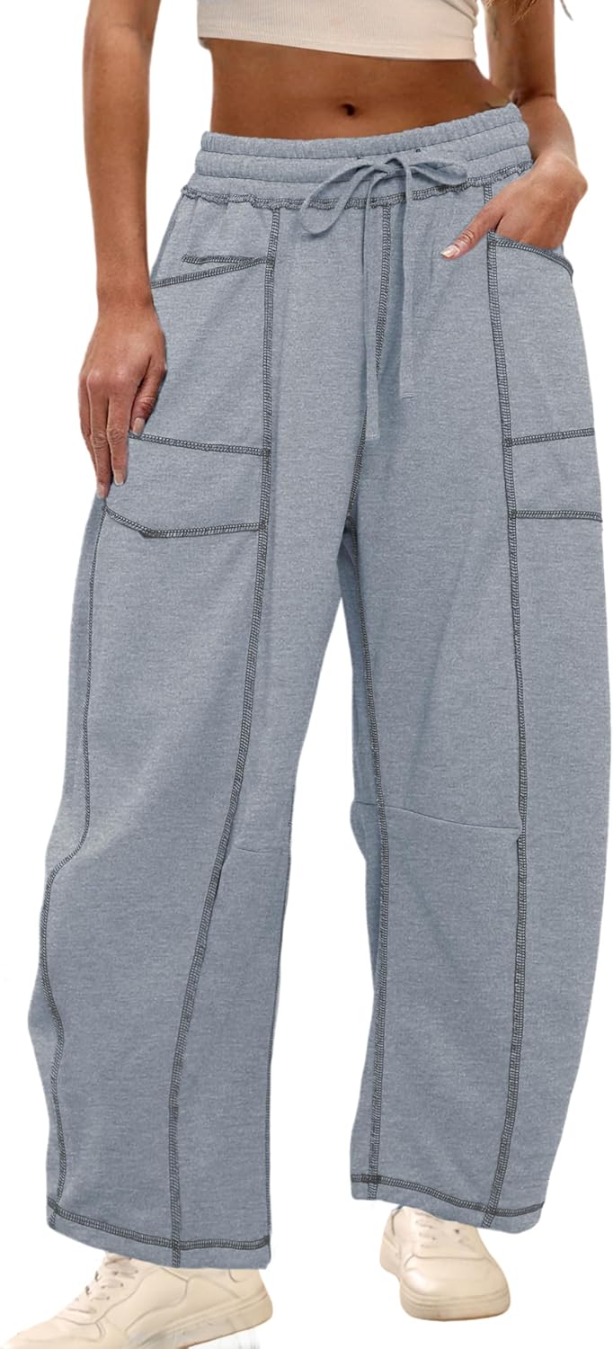 Womens Baggy Barrel Pants Wide Leg Lounge Drawstring Sweatpants with Pockets