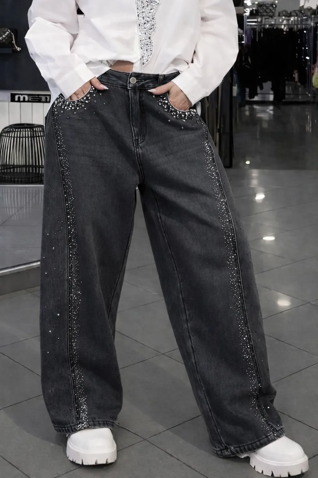 Women's Tie Shirt + Jeans Rhinestone Suit