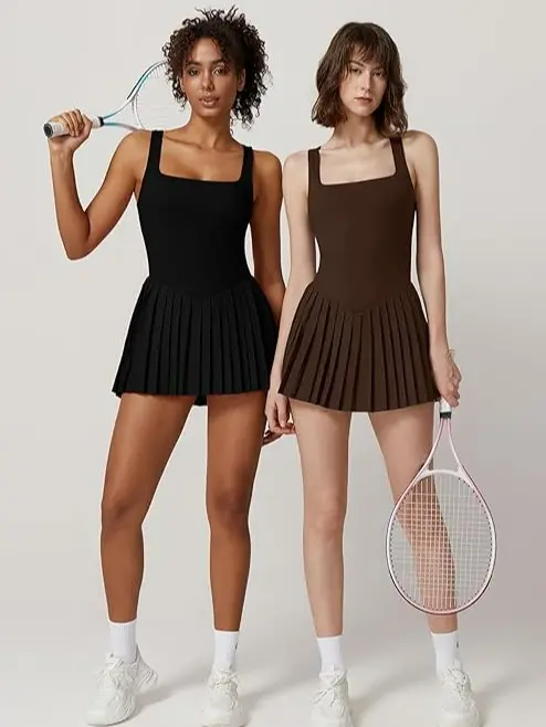 QINSEN Womens Square Neck Tennis DressPleated Sleeveless Built in Shorts Golf AthleticDress with Pockets