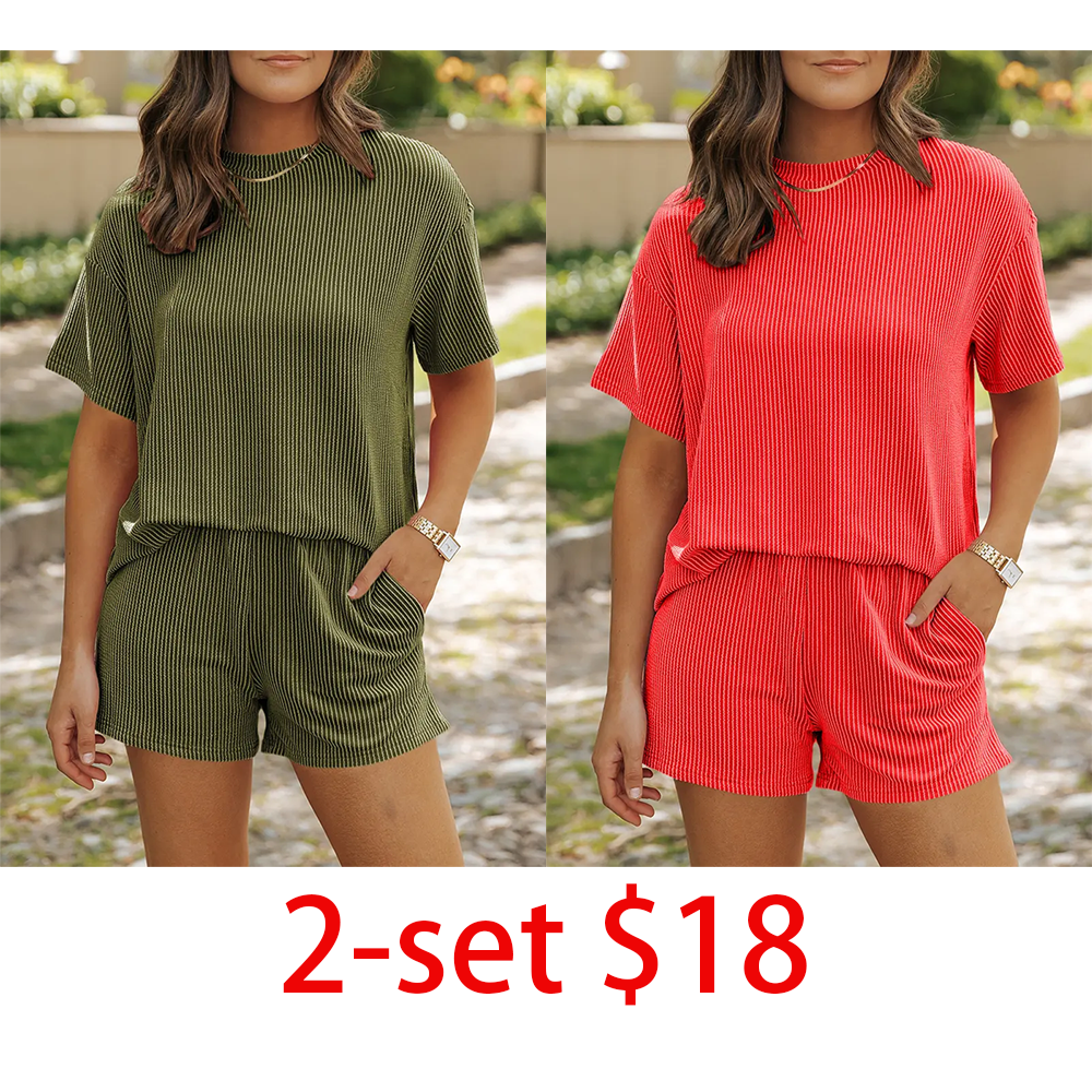 Women's 2-Piece Short Sleeve Twisted Thread Shirt & Shorts Set – Ribbed Textured Lounge Pajamas with Pockets