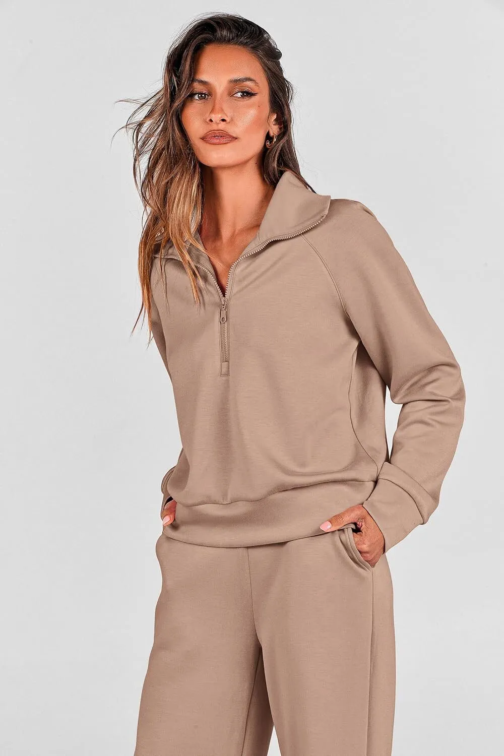 🔥Final Day Clearance!🛒Women's 2 Piece Outfits Casual Lapel Half Zip Sweatshirts And Wide Leg Pants Tracksuit Sets