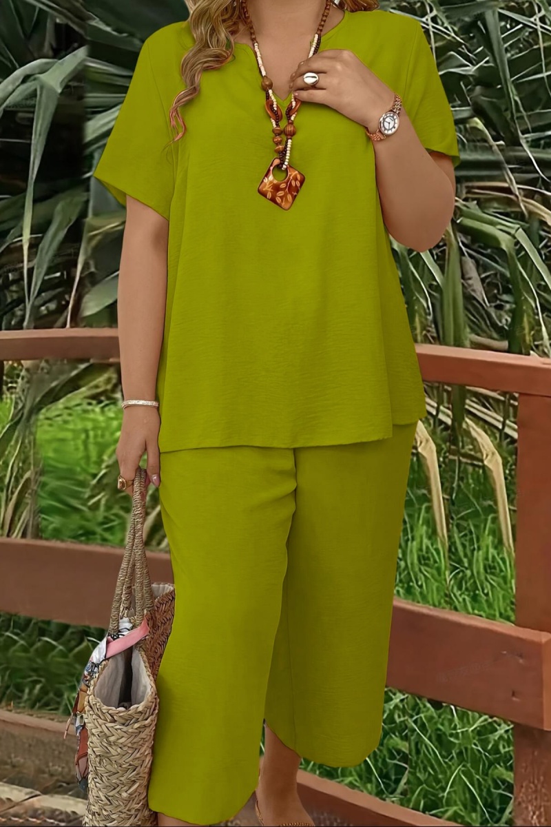 Elegant Plus Size Women's Solid Color Short Sleeve Fashion Top & Casual Wide Leg Pants Set