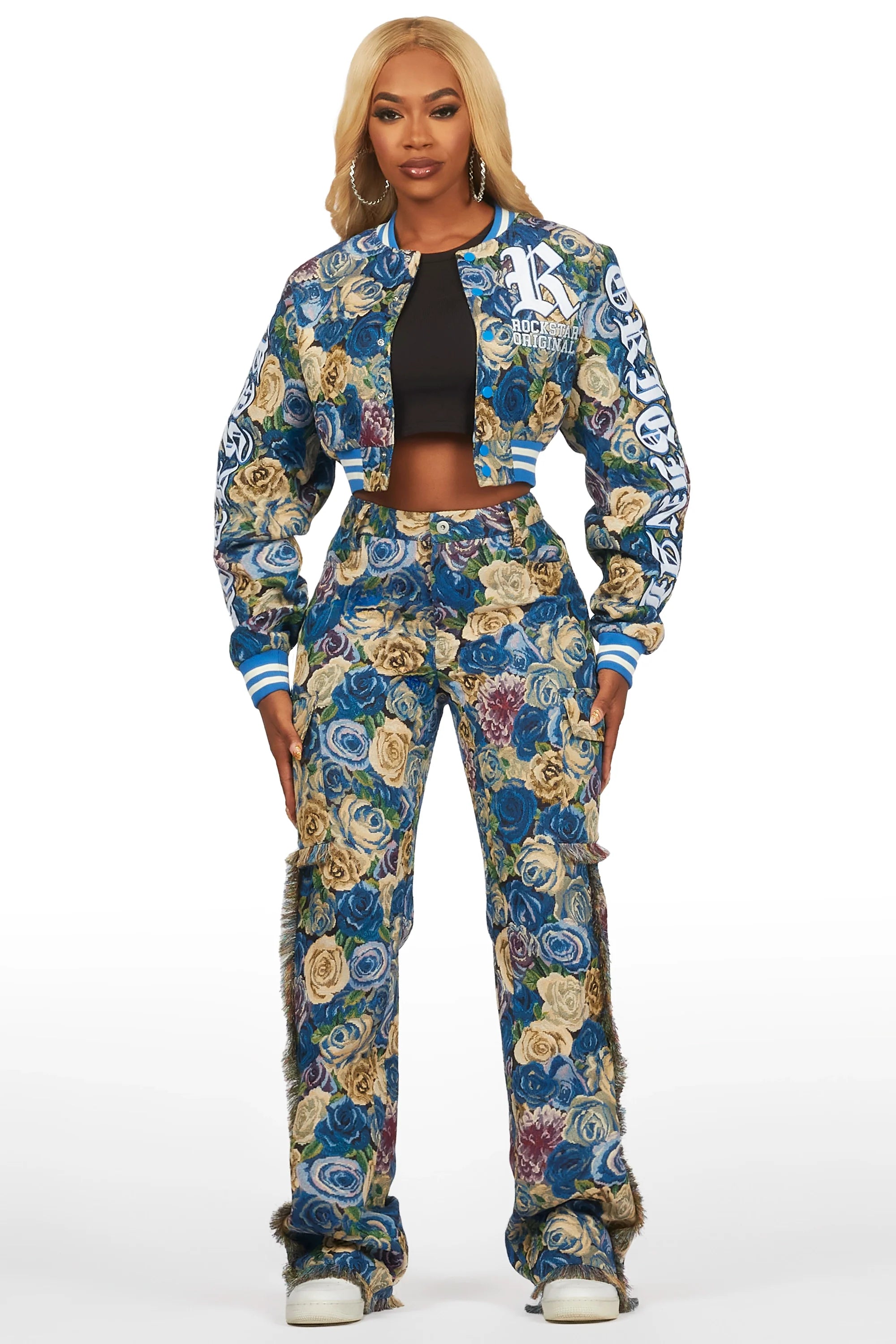 Darresha Blue Crop Tapestry Varsity Jacket
