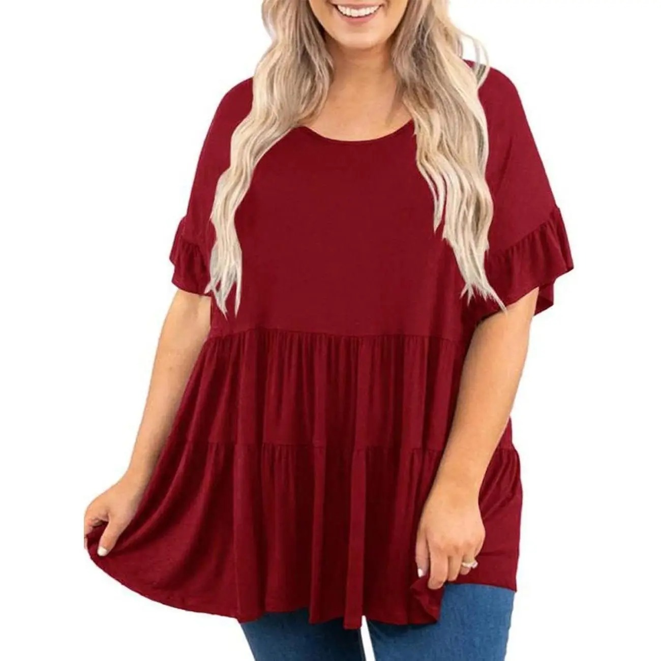Women's Plus Size Ruffled Shirt Tops Summer Short Sleeve Loose Blouse Tunics