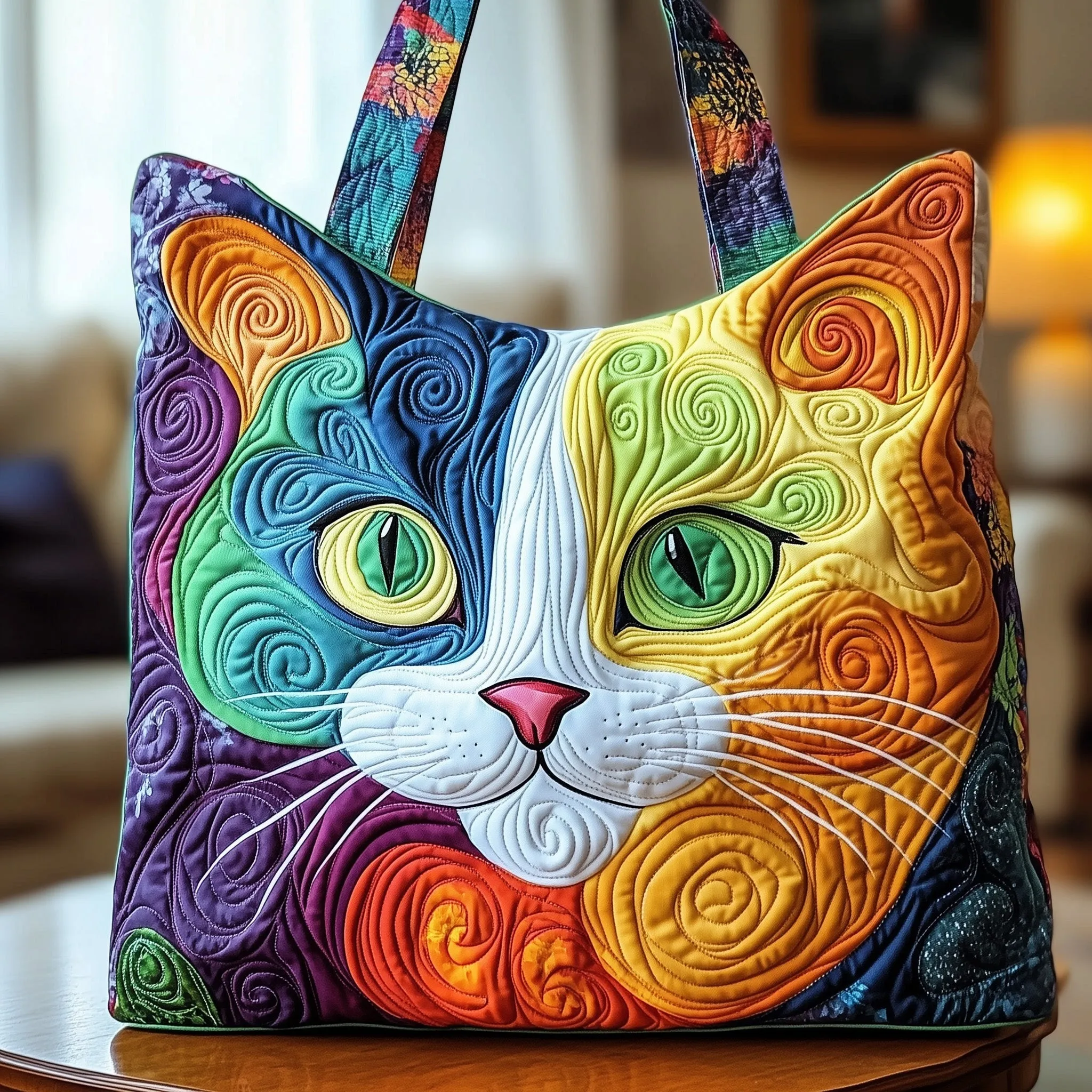 Whimsical Quilted Cat Tote Bag – Colorful Artistic Handcrafted Style for Cat Lovers 🐱🎨