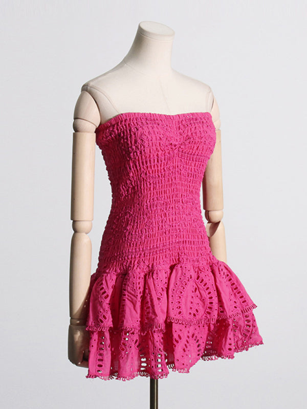 Embroidered Tube Top Dress With Hollow Ruffles And Stitching Design A-Line Skirt