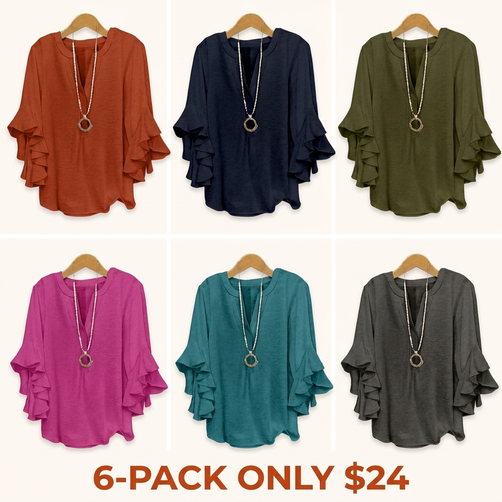 Plus-Size Women's Slim-Fit Shirt with Ruffled Sleeves and V-Neck