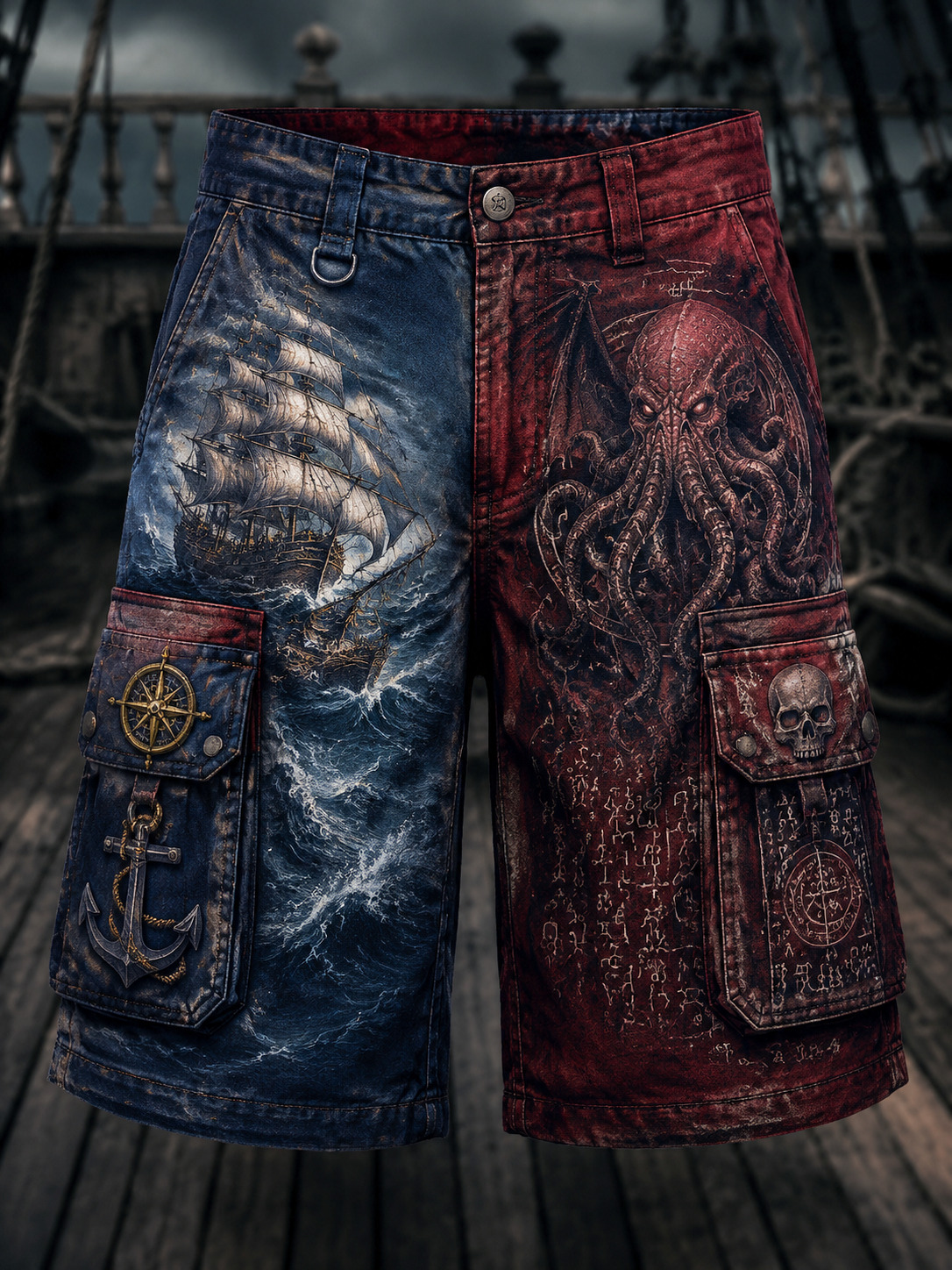 Men's Cthulhu Octopus Pirate Ship Colorblock Art Print Casual Shorts