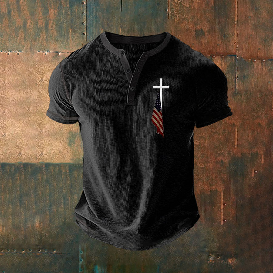 Women's Faith Cross American Flag Printed Waffle Top