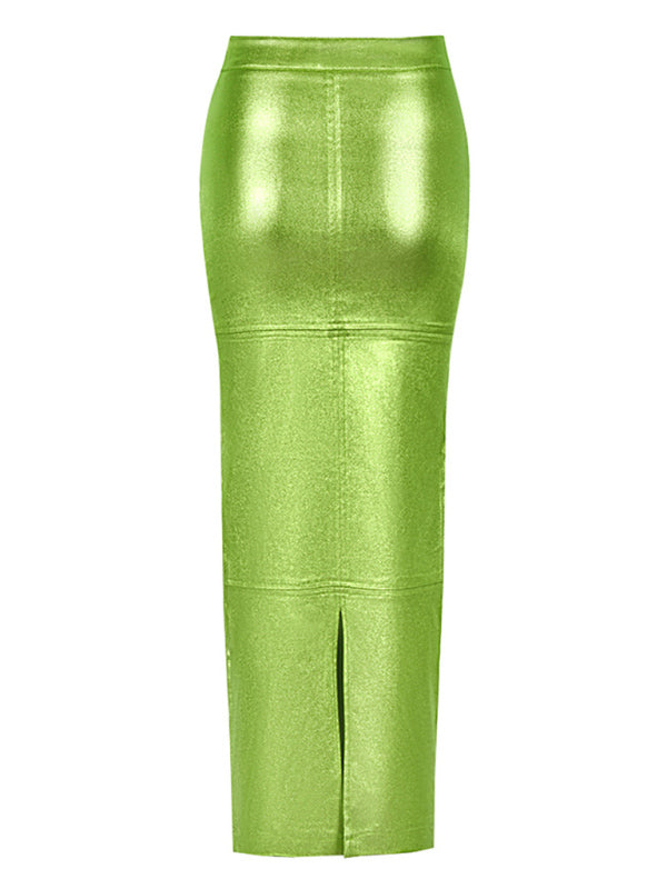 Spliced Slit Slim Fit PU Leather Maxi Skirt - xelpri