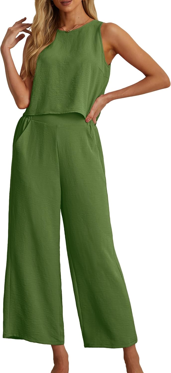Women's Summer 2 Piece Outfits Set Round neck Sleeveless Tank Crop Top Wide Leg pants Set Pockets Jumpsuits