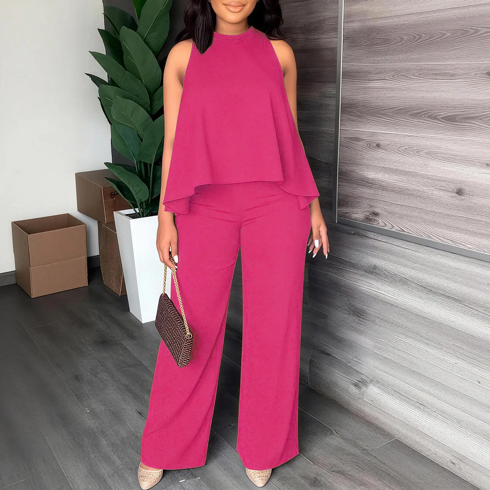 Women's Spring-Summer Set:Lightweight Flowy Halter Two-Piece with High-Waisted Wide Leg Pants–Comfortable
