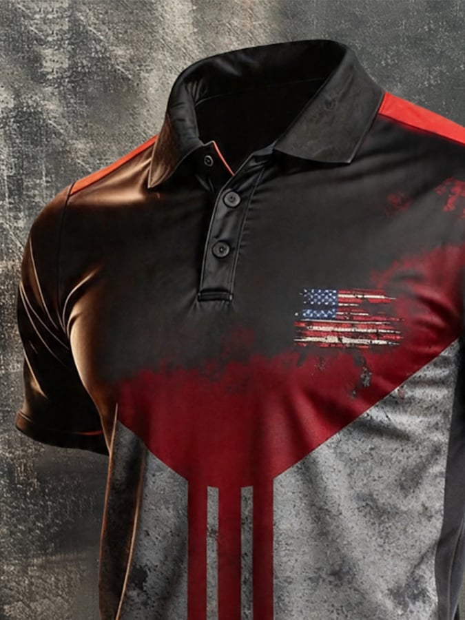 Men's Retro Patriotic Color-Block Short-Sleeve Polo Shirt