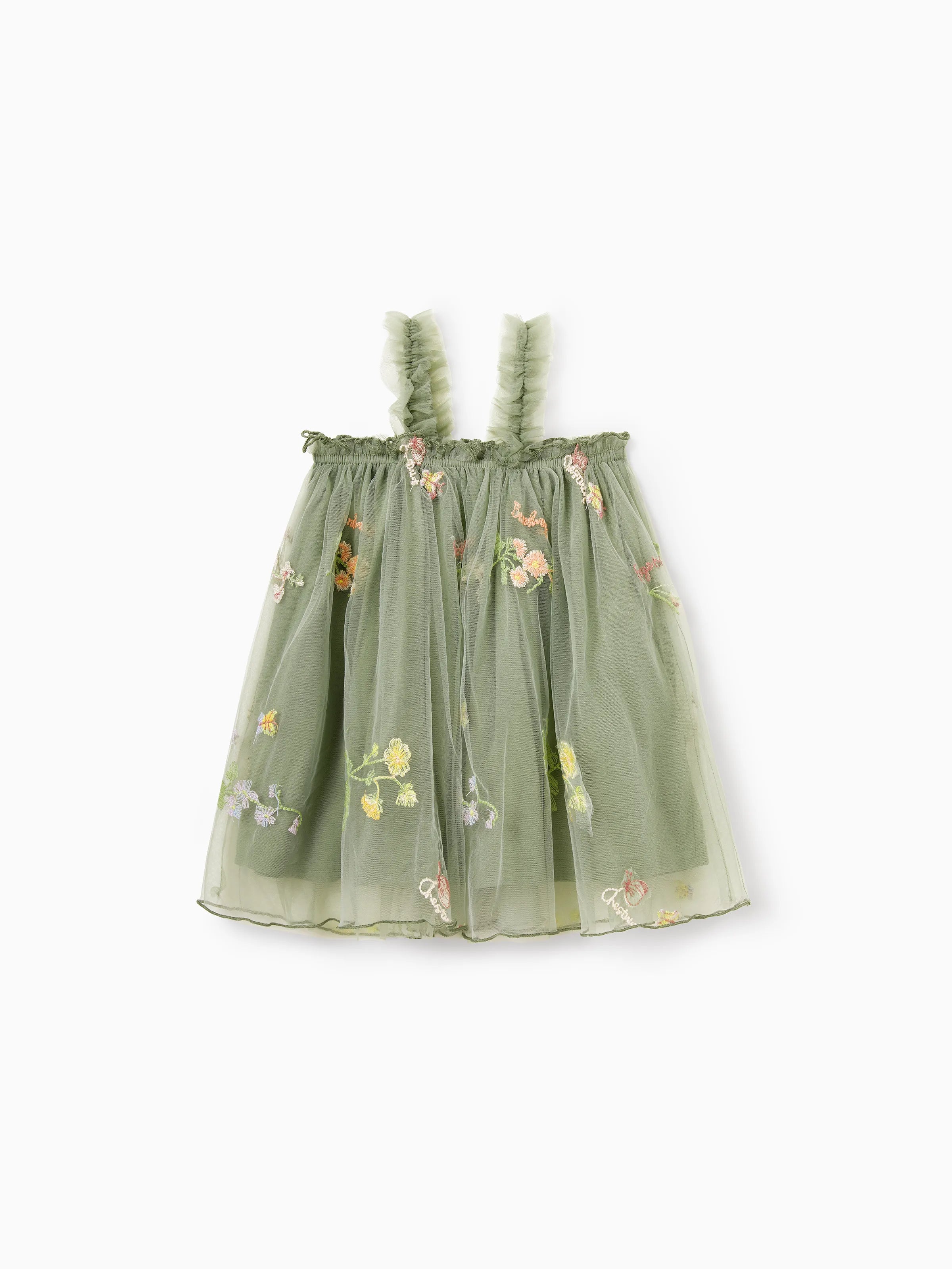 Family Matching Polo Collar Short-sleeve Shirt or V-neck Strappy Mesh Dress  Green