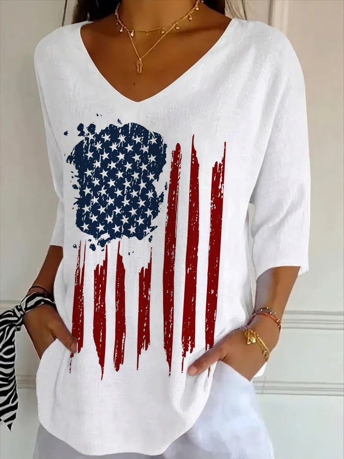 Women'S Flag Printed Casual V-Neck T-Shirt