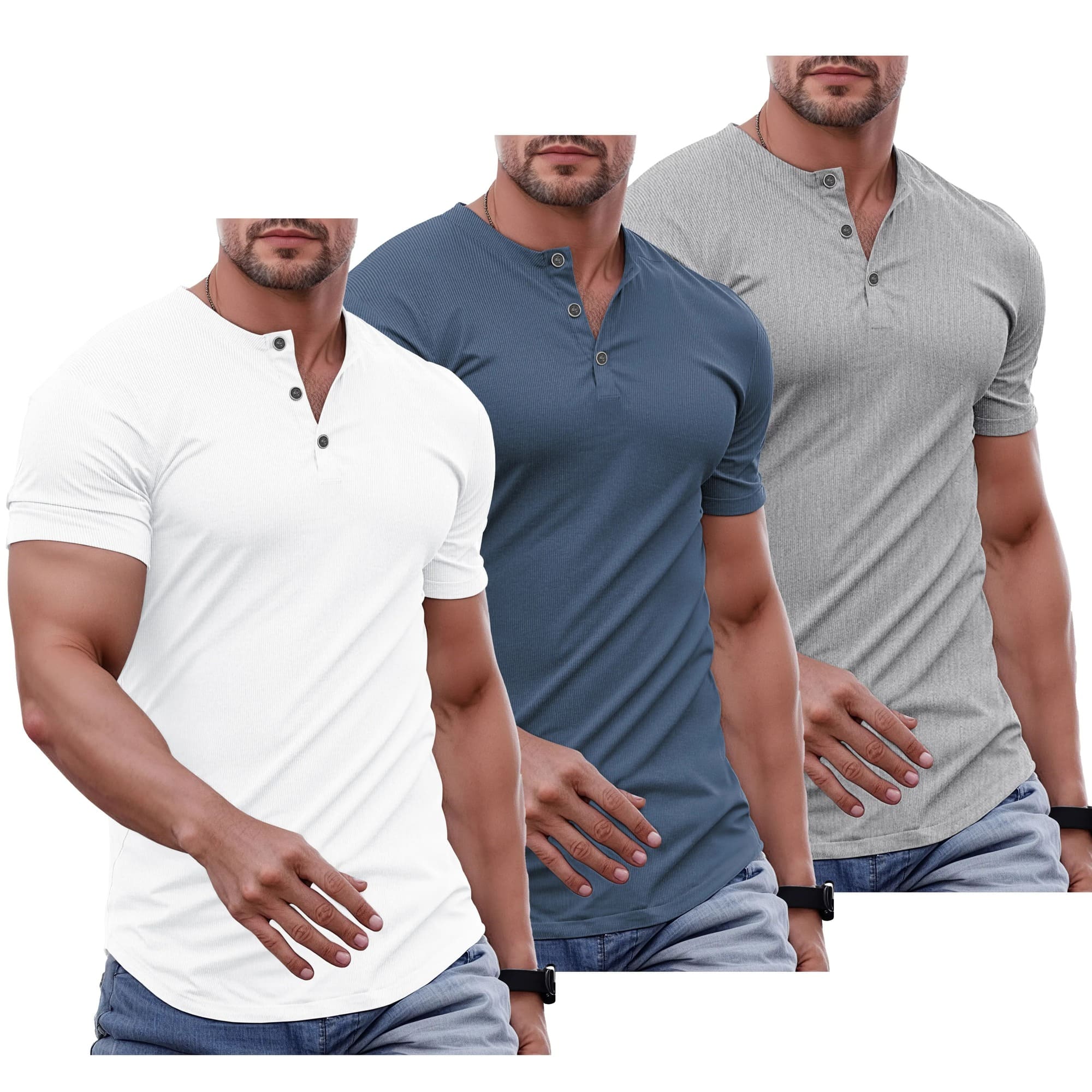 Men's Plain Muscle Slim Fitted Henley Shirts Crewneck Longline T-Shirt Gym Workout Athletic Shirt Tees