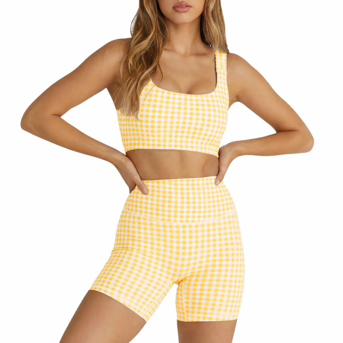 Women's 2-Piece Athleisure Set – Padded Open Back Gingham Crop Tank & High Waisted Seamless Shorts