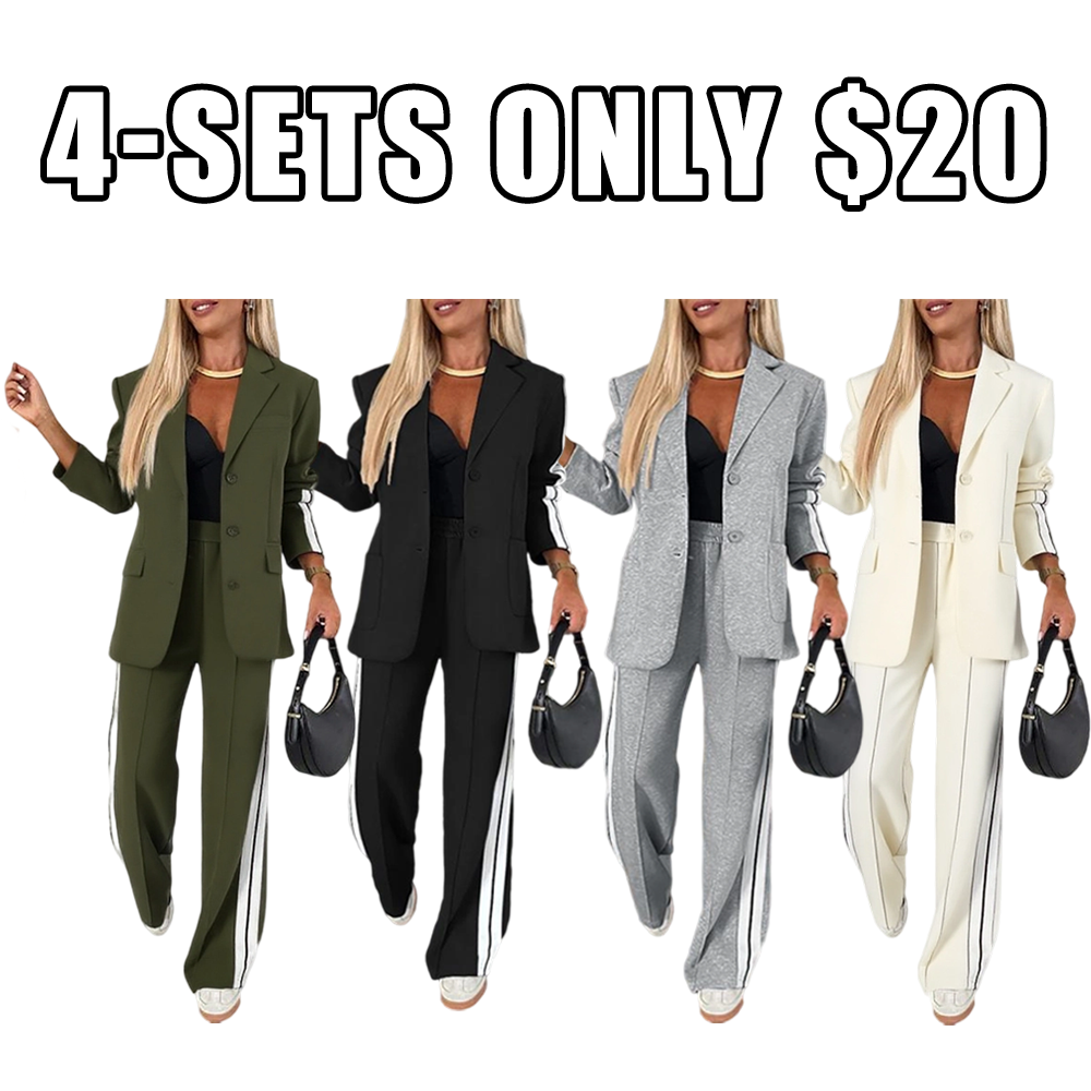 Women's Striped Side Tape Blazer & Wide-Leg Pants Set
