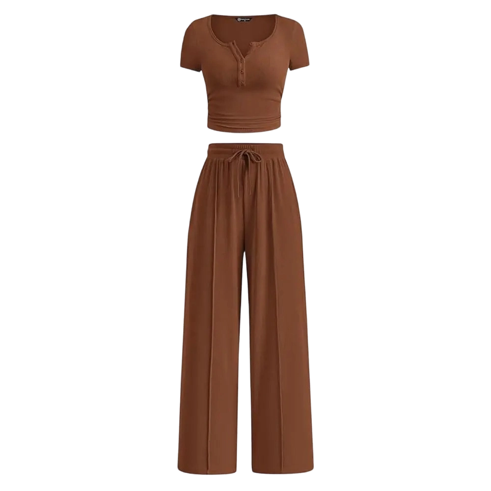 🔥Women’s Ribbed Knit 2-Piece Lounge Set – Button Crop Top & Wide Leg Pants