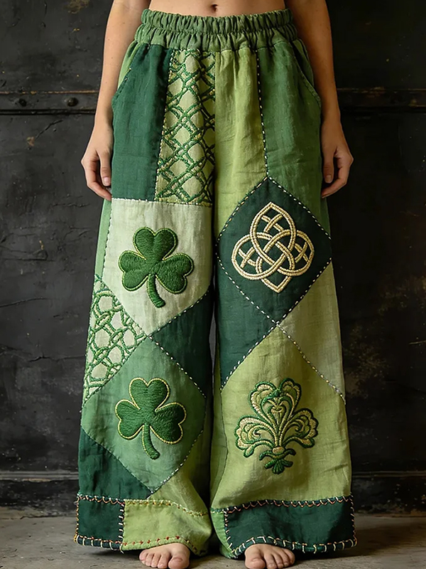 Women's St. Patrick's Day Shamrock And Celtic Knot Patchwork Pattern Print Casual Pants