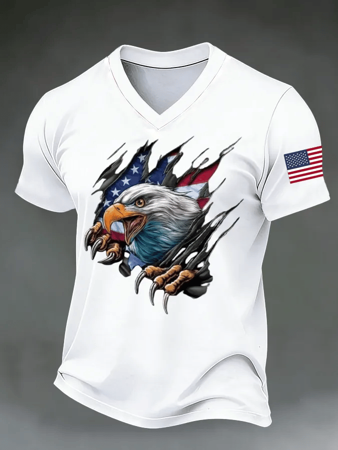 Men's American Flag Printed Casual V-neck T-shirt