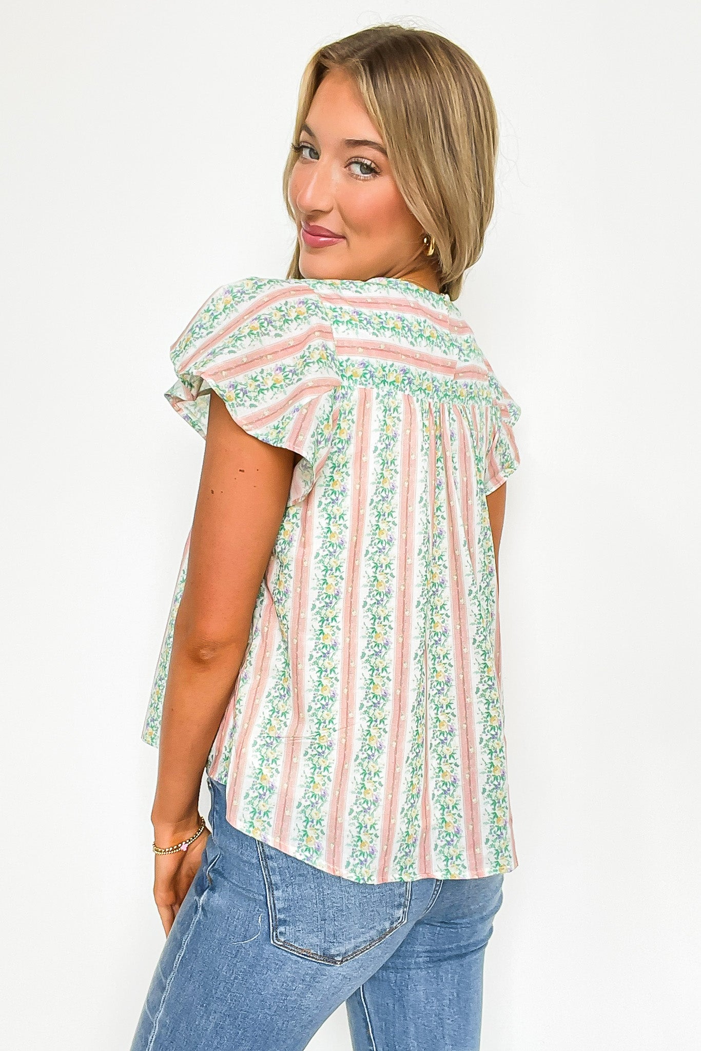Floral Striped Round Neck Ruffle Sleeves Top