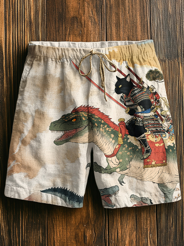 Men's Warrior Cats And Dinosaurs Art Print Casual Shorts