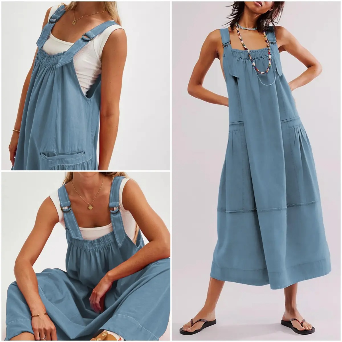 Women's Adjustable Straps Barrel Midi Dress Sleeveless Casual Midi Dress with Side Pockets for Summer Beach Vacation